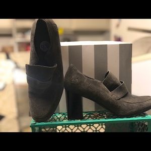 Born heeled loafer, charcoal gray with stacked 3 inch heel. New without tags
